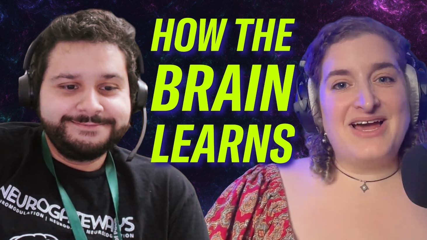 A still image of Kauê with headphones next to an imposed image of podcast host Rachel Feltman also wearing headphones.