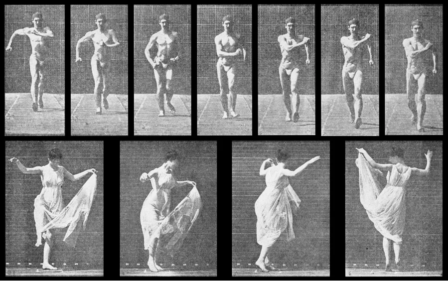 Motion pictures of a man walking and of a woman in a dress jumping