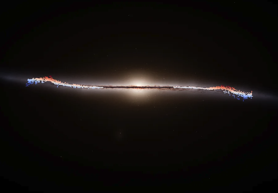 An edge-on illustration of a spiral galaxy is shown. It reveals the galaxy's thin disc and central bulge from the side. Overlaid is a data visualization, with colors ranging from blue to red.