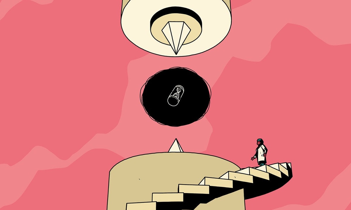 Floating capsule at top of winding staircase illustration