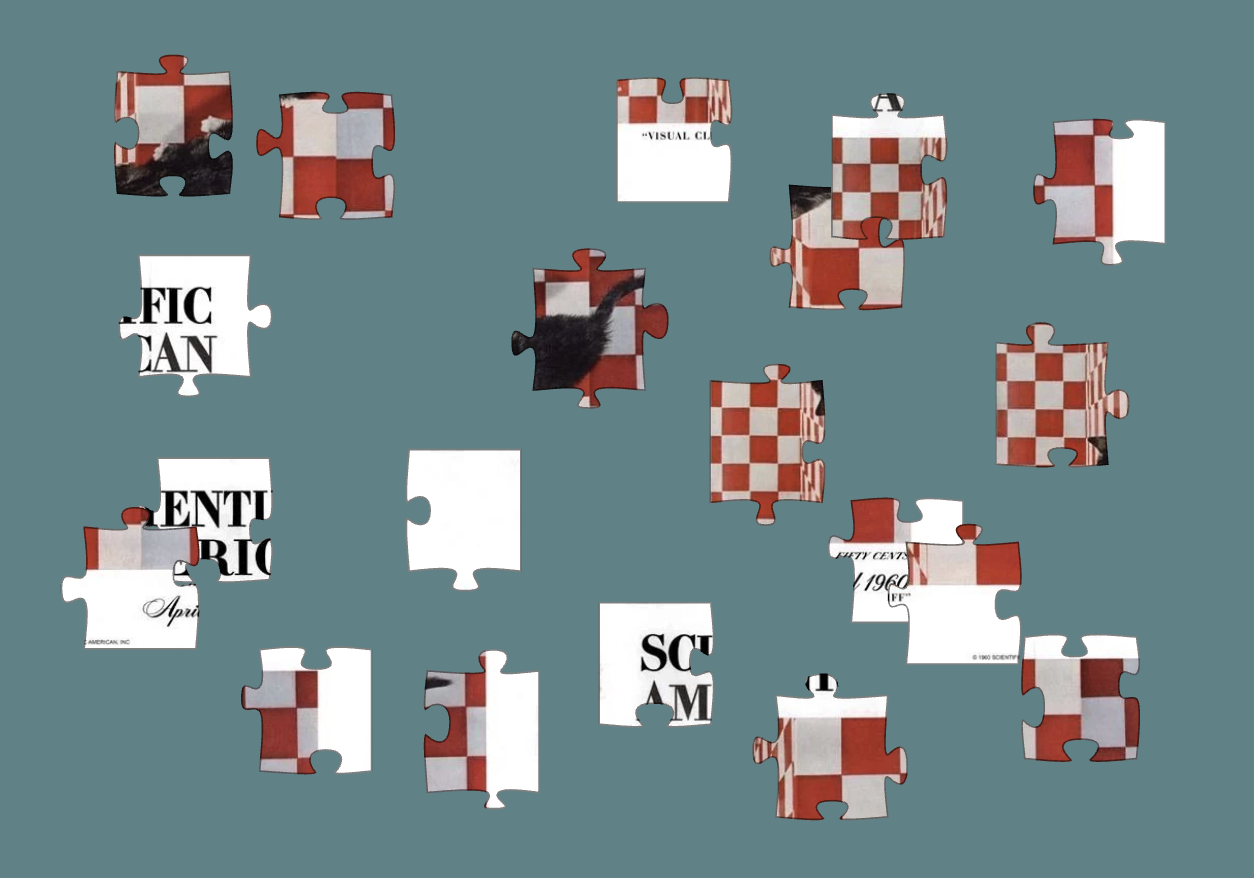 Digital puzzle pieces that are scattered on a teal background.