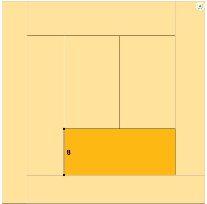 Graphic shows a light yellow square divided into eight rectangles that have varying dimensions but equal areas. One of the rectangles is highlighted in a darker yellow and one of its shorter sides is labeled with the number eight.