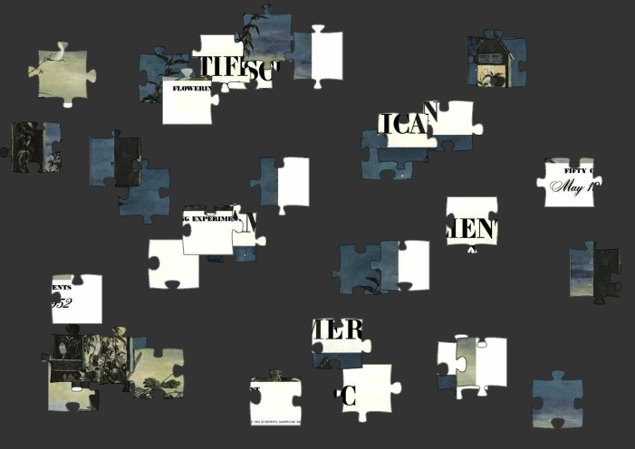 White, slate and tan colored puzzle pieces arrayed on a black background