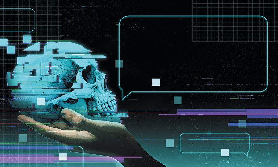 Hand holding digital skull