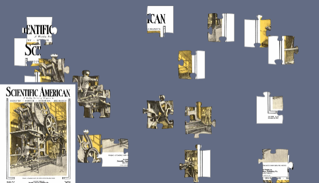 Some puzzle pieces bearing pieces of the same image on a small image showing a 1919 cover of Scientific American magazine.