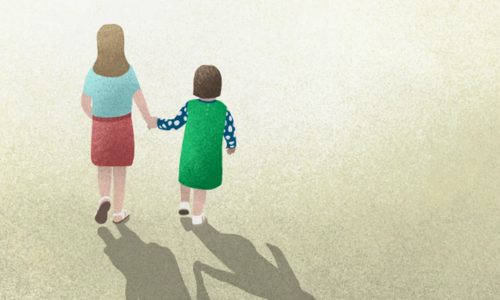 Mother and daughter holding hands on yellow background"