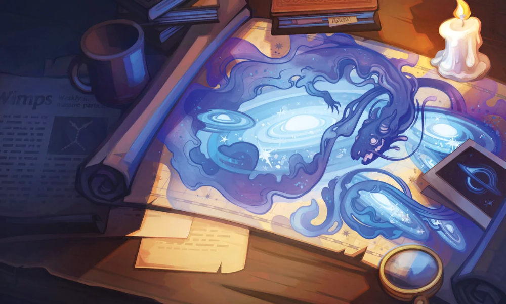 Illustration of a scroll with a dragon and galaxy