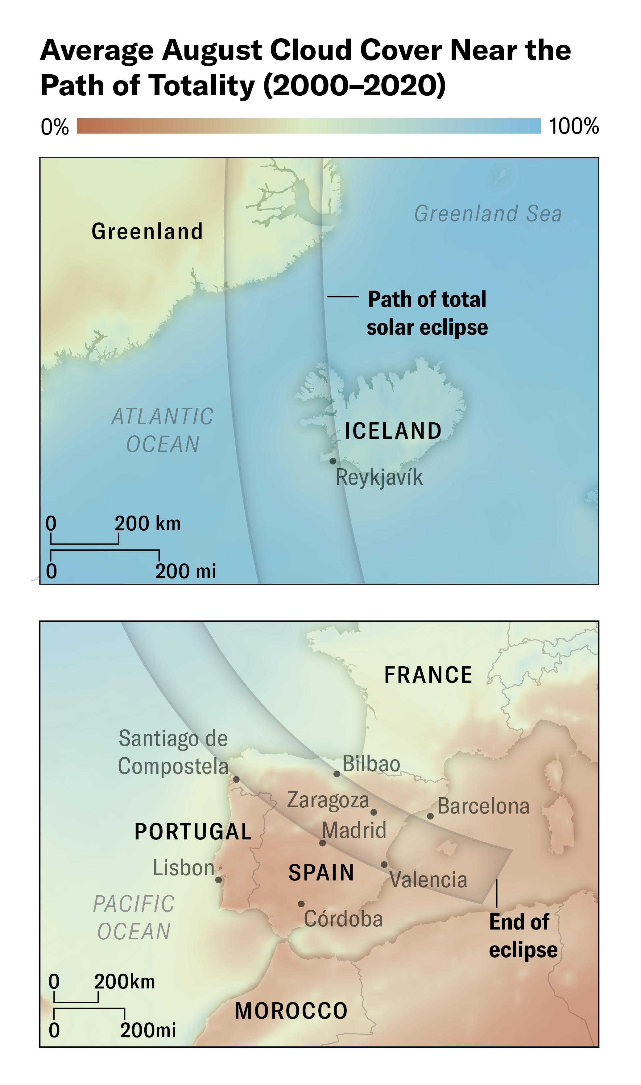 Maps highlight the path of totality over Iceland and Spain and show average August cloud cover data from 2000 to 2020.