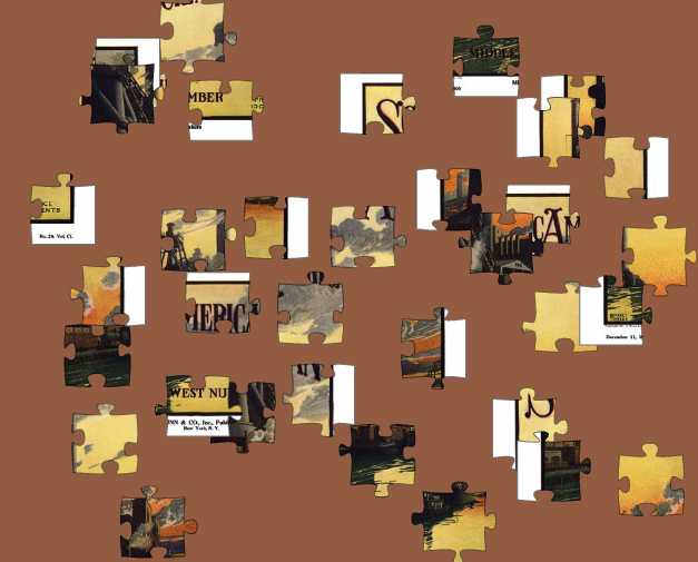 Puzzle pieces scrambled on a grey background, that when assembled depict the cover of Scientific American's May 1952 issue