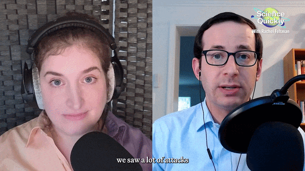 A gif of a video interview between podcast host Rachel Feltman and Eric Geller