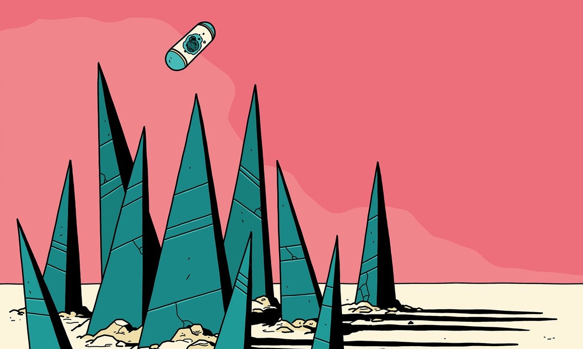 Floating capsule over giant land protrusions illustration