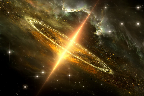 An illustration of a supermassive black hole feeding on a disk of infalling matter