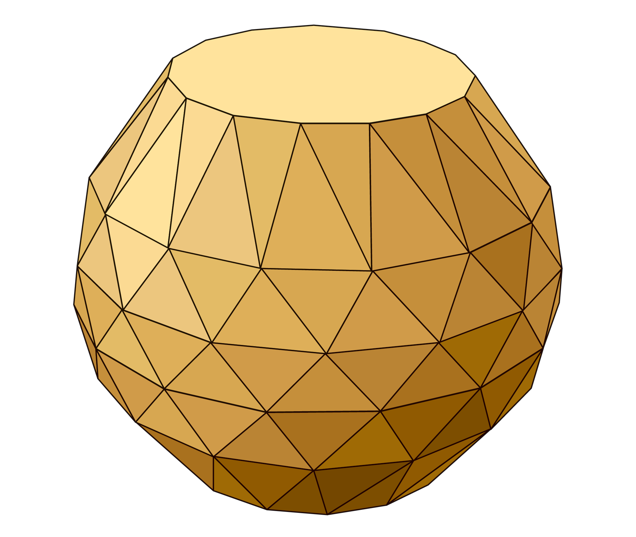 Graphic shows the noperthedron, a convex polyhedron resembling an inflated cylinder with two large faces on the top and bottom and 150 smaller triangular faces making up the height.