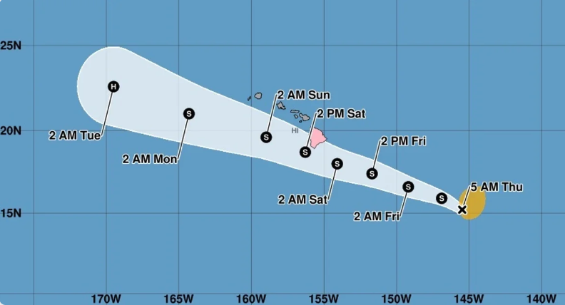A conal forecast drawing showing tropical storm Lala aimed at Hawaii