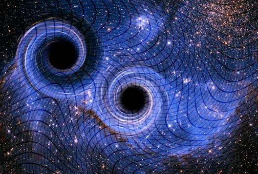 Illustration of two black holes swirling among a blue grid overlaid in space