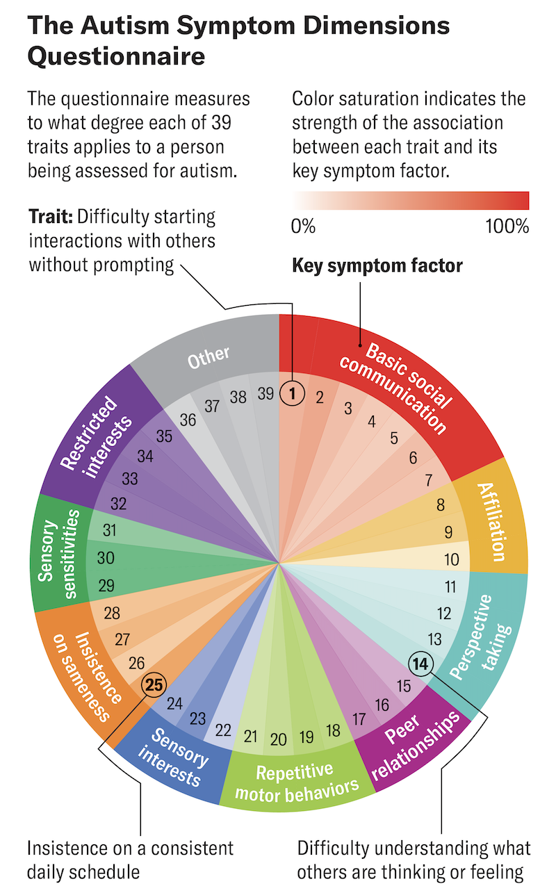 Graphic shows a chart resembling a color wheel with 39 wedges, each representing one trait from the Autism Symptom Dimensions Questionnaire. The traits are grouped by color into 10 key symptom factors including basic social communication, repetitive motor behaviors and restricted interests.
