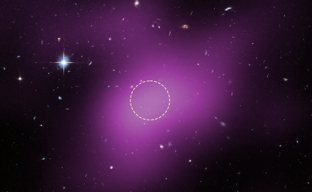A diffuse purple blob of gas against the depths of intergalactic space, with a dashed circular annotation denoting the blob's central, most gas-dense region