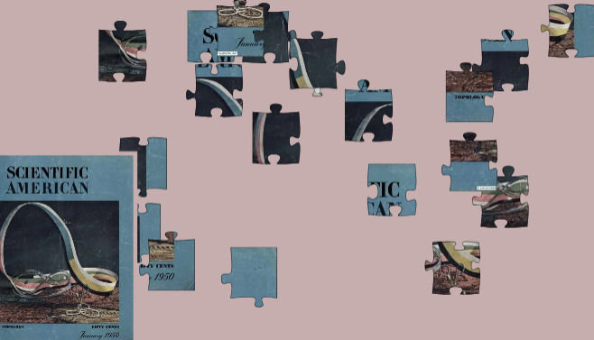 Puzzle pieces scrambled on a mauve background, that when assembled depict the cover of Scientific American's January 1950 issue