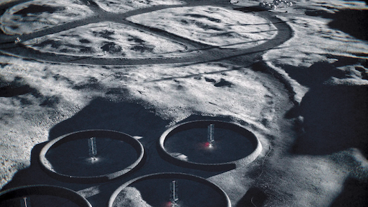 An illustration showing several nuclear fission reactors on a gray lunar surface.