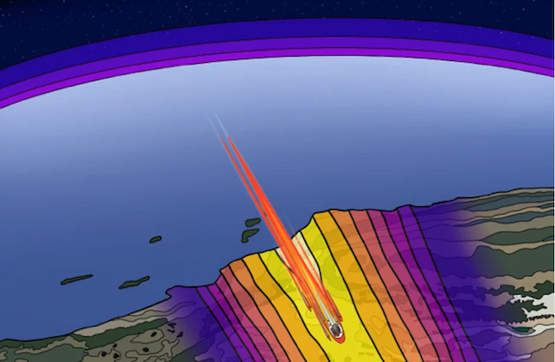 An illustration showing the trajectory of a piece of space debris as it falls through the atmosphere over the western U.S. Color-coded contour lines denote the strength of associated shock waves from the supersonic flight of the debris.