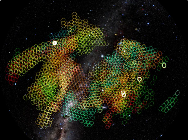 A panoramic view of a swath of Earth's night sky, overlain by thousands of small color-coded circles each representing a single exposure planned for the Vera C. Rubin Observatory.