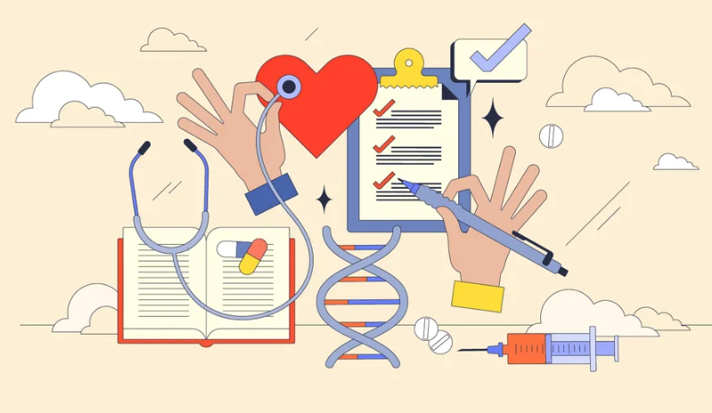 An illustration of medical items like a stethoscope, pills, a syringe, a DNA helix and more