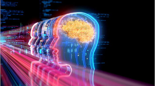 Digital background depicting innovative technologies in (AI) artificial systems, neural interfaces and internet machine learning technologies