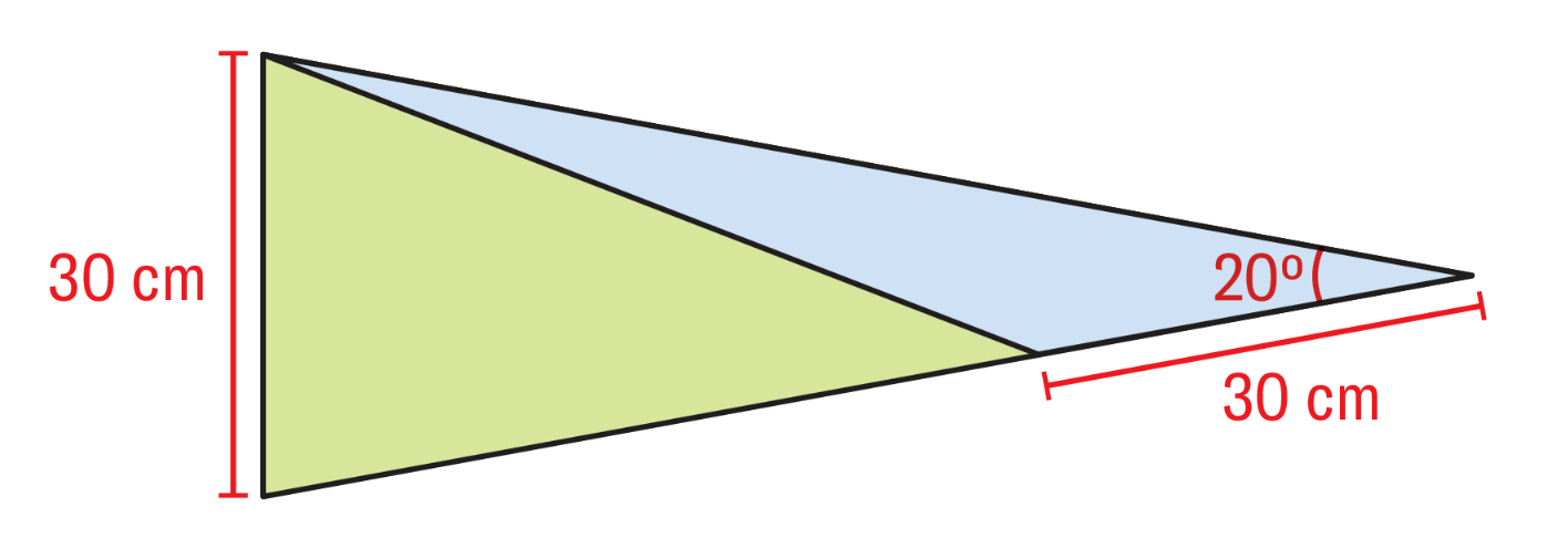 Diagram of a long triangular shape split into a green lower triangle and a blue upper triangle, with the left vertical side labeled 30 cm, the right tip angle labeled 20 degrees, and the lower right slanted edge segment labeled 30 cm.