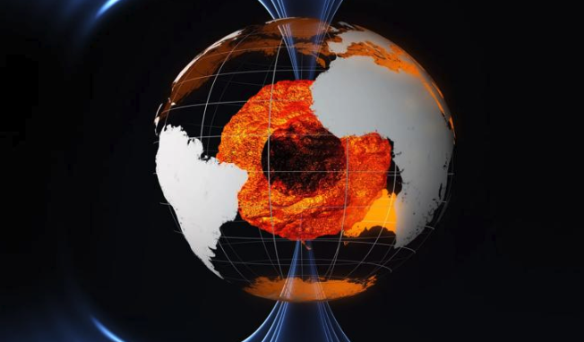 An illustration of a transparent Earth with a firey two-layered molten core. White continents float on Earth's surface.