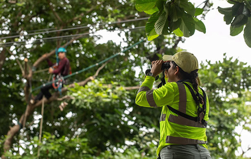 A woman in a neon green shirt looks through binoculars into the jungle while a man in the background out of focus sits suspended in the canopy