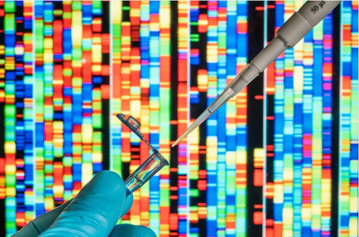 Gloved fingers holding a small test tube and a pipette in front of an array of many colorful bars of genetic sequence data