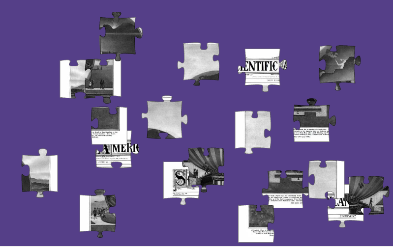 Black and white puzzle pieces scattered on a purple background