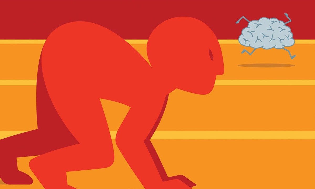 Human figure on all fours trailing after running brain
