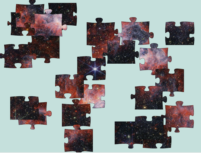 Speckled black and burgundy puzzle pieces arrayed on a light blue background.