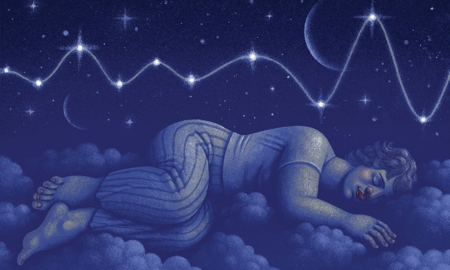 Illustration of sleeping figure on clouds in a starry night sky