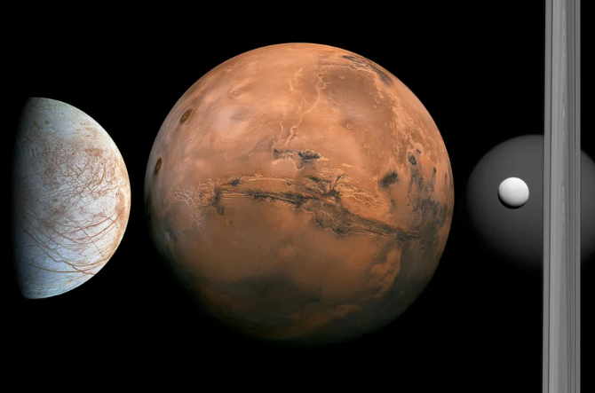 Triptych with photographs of Europa, Mars, and Enceladus (seen with a portion of Saturn's rings and Titan in the background)