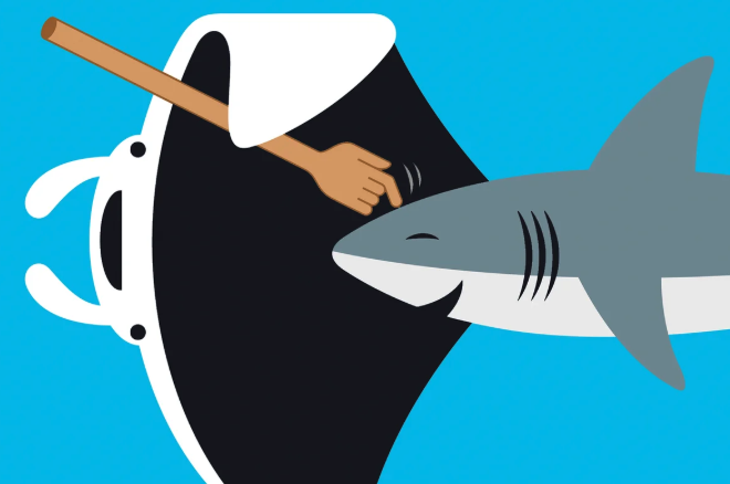 Illustration of a manta ray holding a back scratcher on a shark's head
