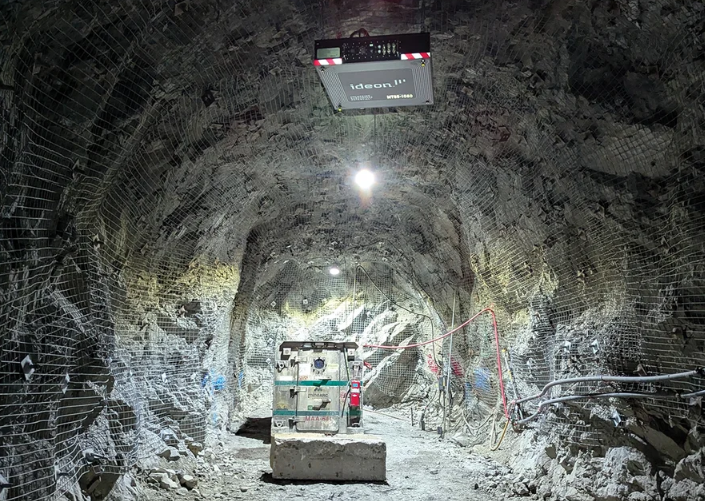 An inside look at an Ideon detector placed at the top of a mine tunnel.