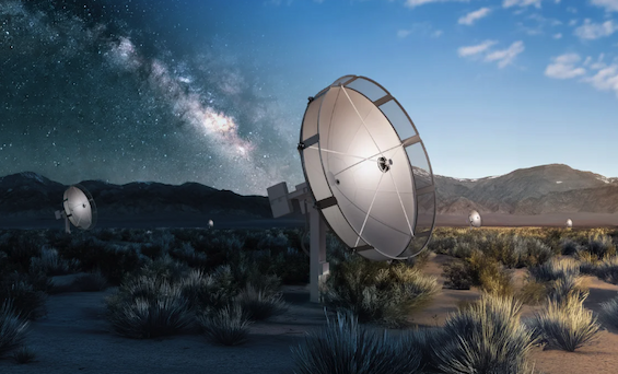 Illustration showing widely-spaced telescopes in an arid landscape, with half the sky filled by the milky way and half the sky blue