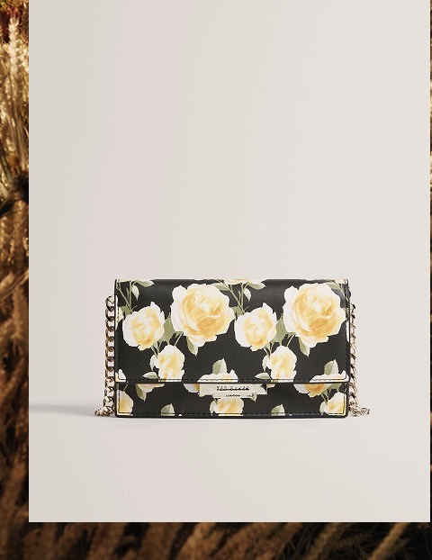 Rose Print Purse With Chain Crossbody Strap