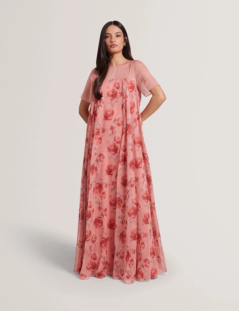 Rose Print Short Sleeve Trapeze Maxi Dress
