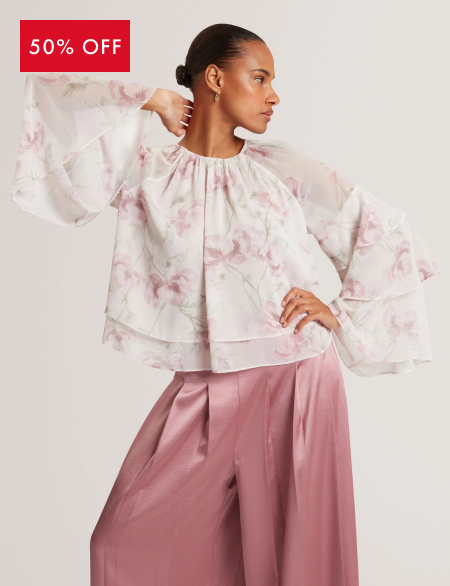 RIZAA Rose Print Frilled Long Sleeve Top