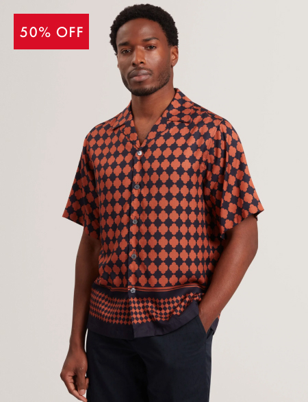 JIRAHU Tile Border Print Short Sleeve Shirt