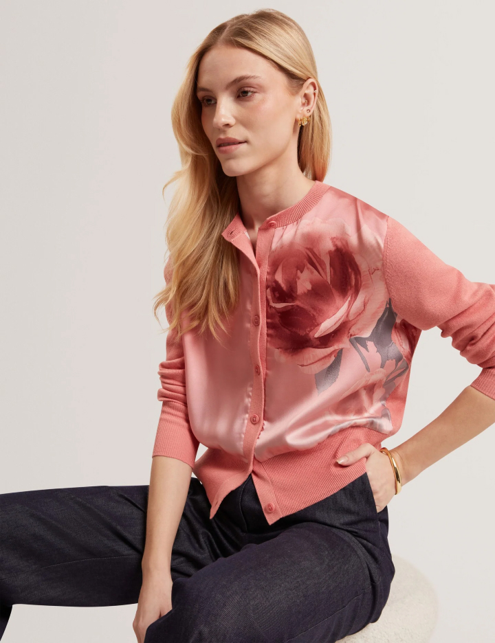 Rose Print Woven Front Cardigan