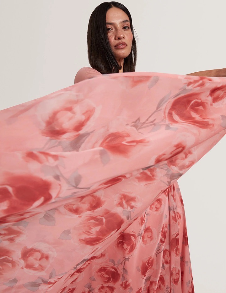 Rose Print Short Sleeve Trapeze Maxi Dress
