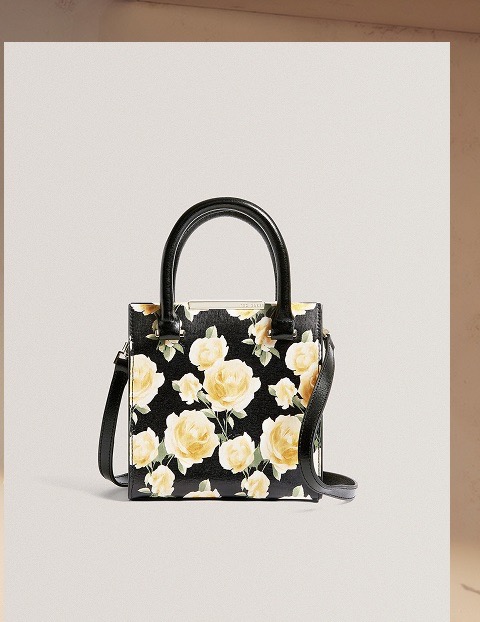 Rose Print Small Leather Tote Bag
