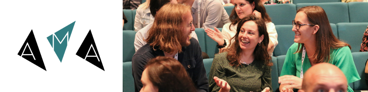 AMA logo complimented by photo of three delegates smiling and chatting while sat in a row of theatre seats at AMA conference 2023.