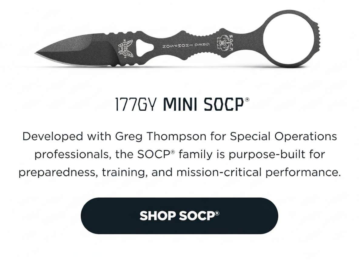 Benchmade 177GY Mini SOCP dagger with product description and shop button.