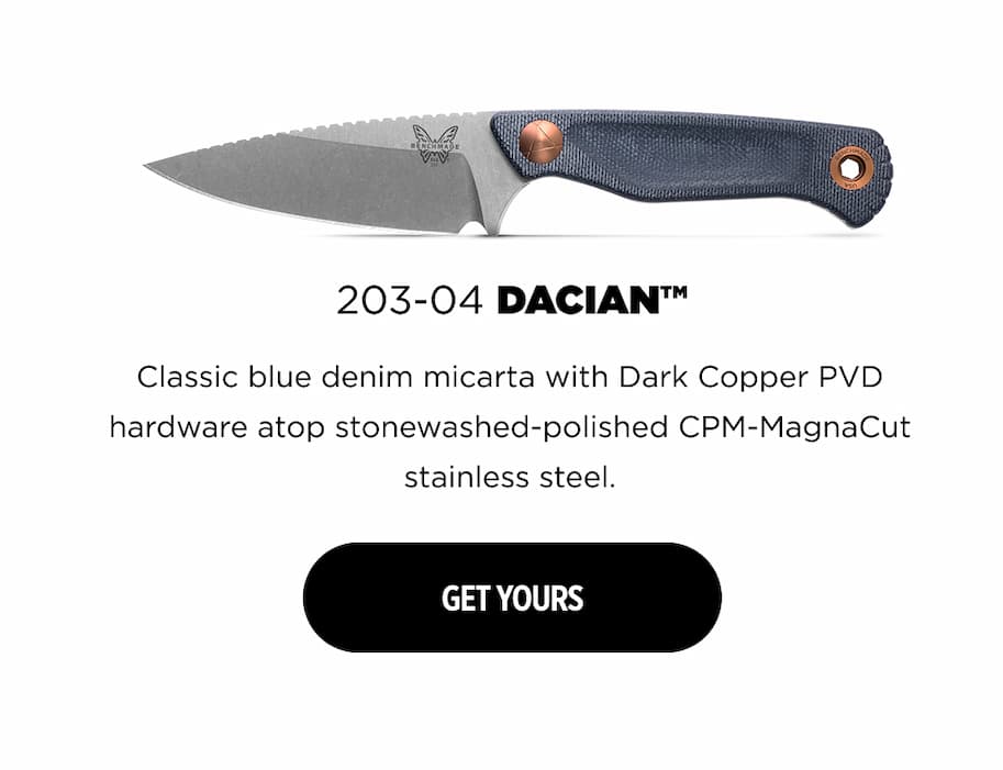 203-04 DACIAN&trade; Classic blue denim micarta with Dark Copper PVD hardware atop stonewashed-polished CPM-MagnaCut stainless steel.