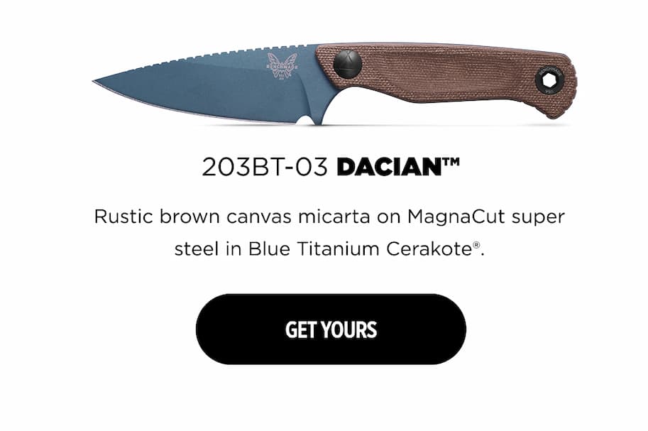 203BT-03 DACIAN&trade; Rustic brown canvas micarta on MagnaCut super steel in Blue Titanium Cerakote&reg;.